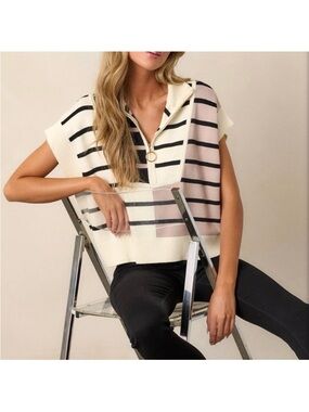 entro Cream and Black Striped Half-Zip Sweater Vest
